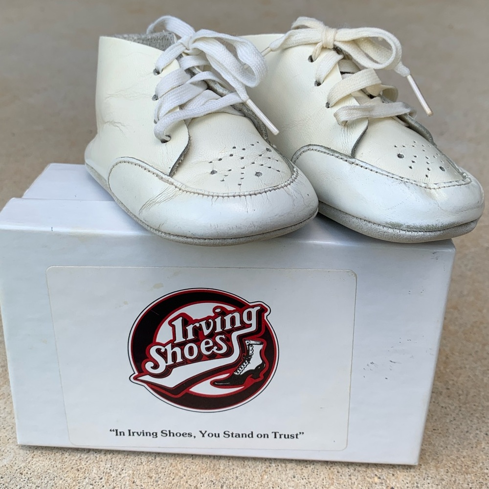 Pair of Vintage White Leather Baby Shoes Irving Shoe Store